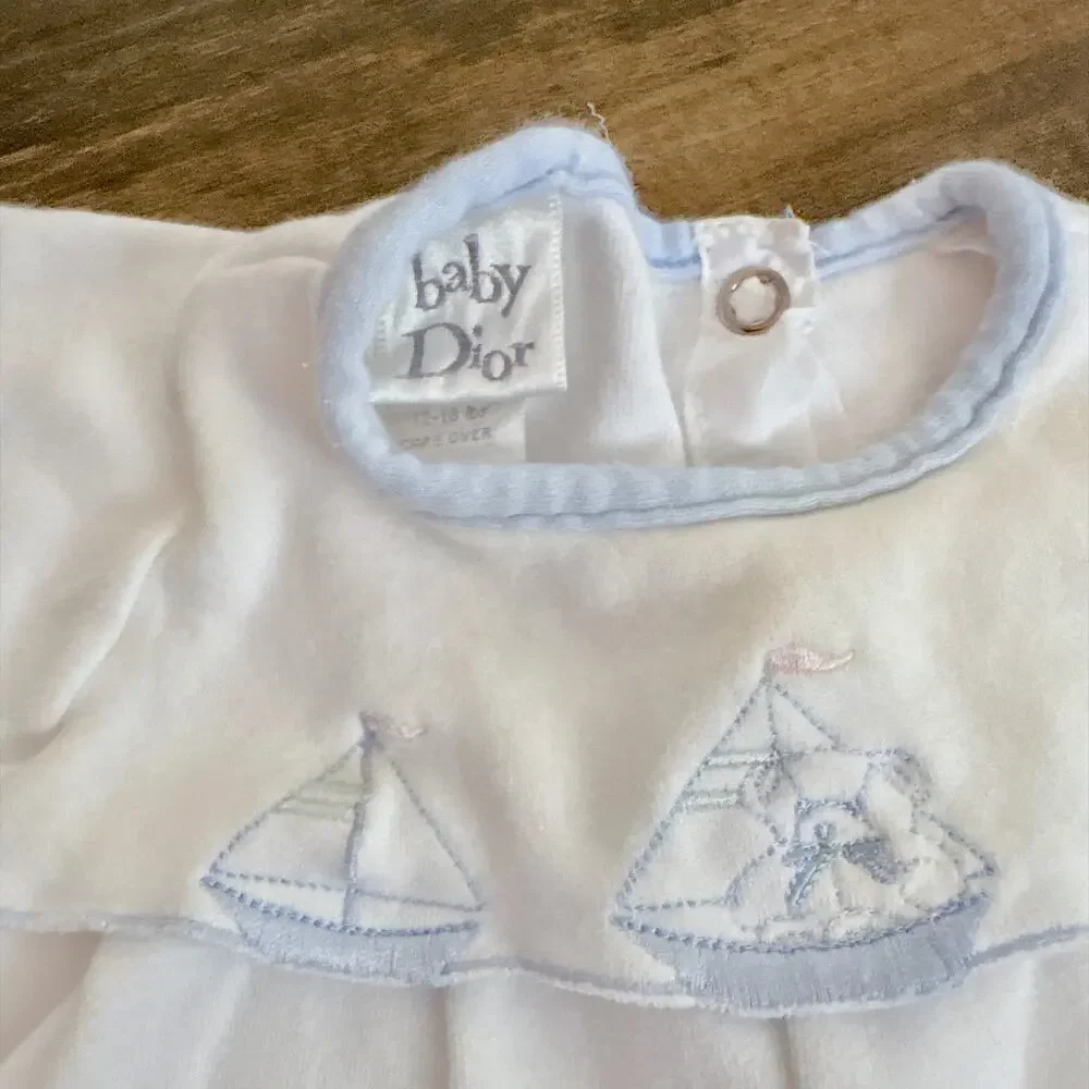 VINTAGE BABY DIOR EMBROIDERED SAILBOAT WHITE VELOUR ROMPER - 3 TO 6 M